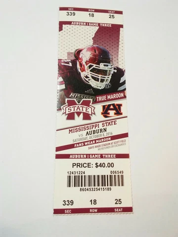 2016 Mississippi State Bulldogs Auburn Tigers Football Ticket Stub Cover