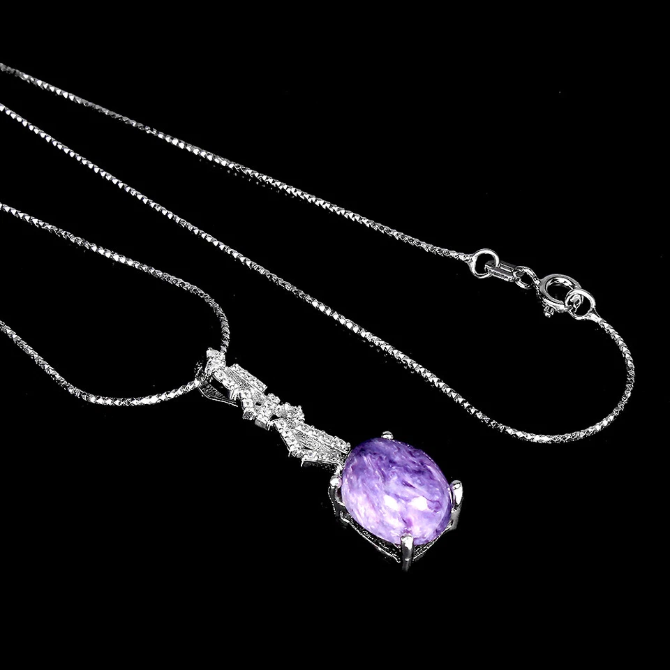 925 Argento Sterling Collana Ovale Charoite 11x9mm Naturale Gemma Gioielli 1 - Immagine 1 di 4
