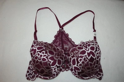 Sujetador push up acolchado de inmersión profunda de encaje púrpura y gris oscuro para mujer espalda cruzada 36C Foto 1 de 2