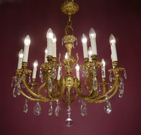 EYECATCHER 15 LIGHT GOLD BRONZE CRYSTAL CHANDELIER BRASS LAMP SPANISH OLD Ø 32" Cover