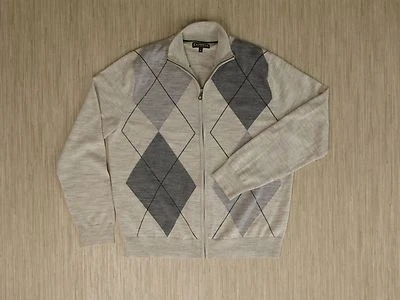 Express Gray Beige Argyle Cardigan Men's Size XL Full Zip Sweater Merino Wool - Image 1 of 3
