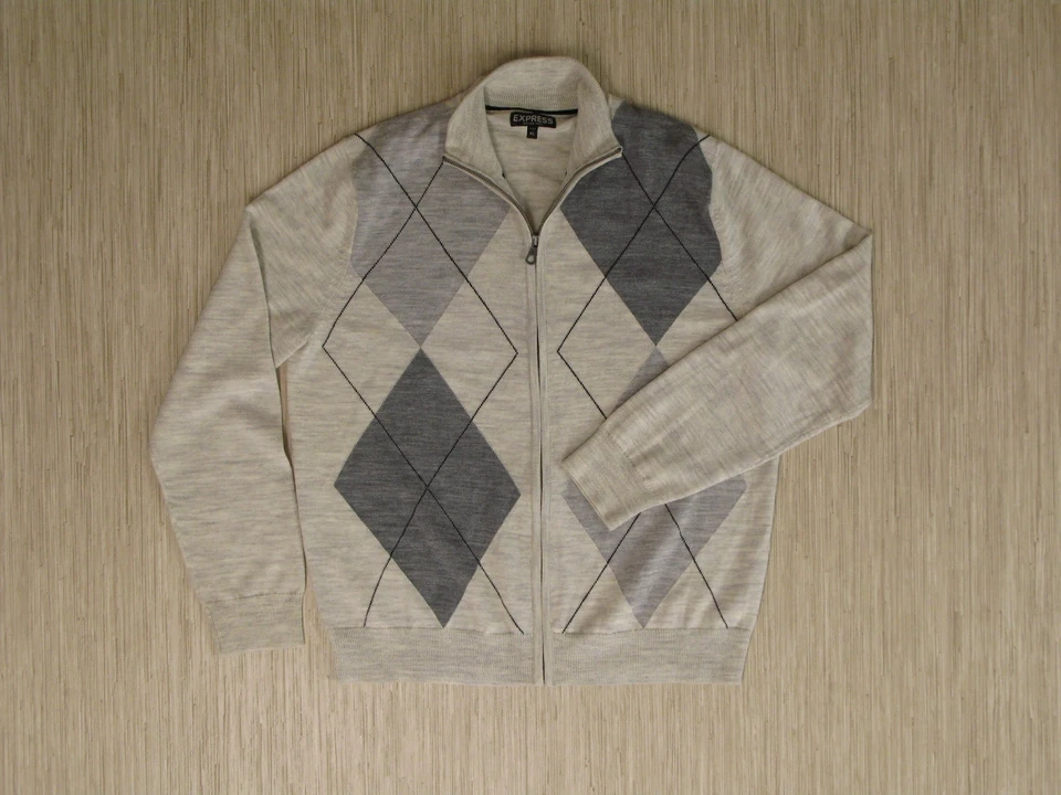 Express Gray Beige Argyle Cardigan Men's Size XL Full Zip Sweater Merino Wool - Image 1 of 3