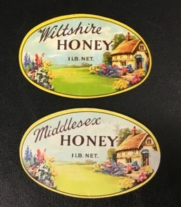 Lot (2) Old Vintage 1900's Honey Labels Wiltshire Middlesex Oval Bottle Rare - Picture 1 of 2