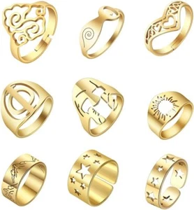 9 Pcs Gold Stackable Rings Set for Women Girls, 18K Gold Plated Stainless Steel - Picture 1 of 7