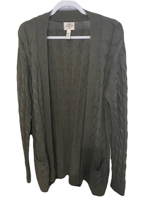 St Johns Bay Cardigan Womens Open Knit Sweater Front Pockets Cotton Green L - Image 1 of 3
