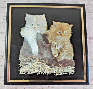 Vintage Kafka Screened Etching Foil Art Kittens Cats in Boot Black & Gold Frame - Picture 1 of 8