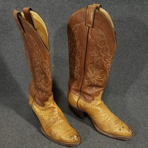 Justin Full Quill Ostrich Cowboy Boots Men Size 8 B Brown Vintage Women Size 10 - Picture 1 of 12