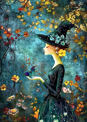 Tarjeta Coleccionable de Artista ACEO - Tema Bruja 2.5x3.5 Mini Arte Guiado por Maravilla Foto 1 de 3