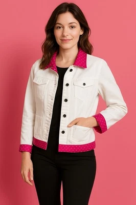 Chaqueta Denim Blanca Liz Claiborne De Colección Talla PS Rosa Lunares Única Borde Reciclado Foto 1 de 4