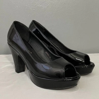 Patent Black Size 9.5 Platform Y2K Peep Toe Heels Chunky Gothic Sexy Rave Club - Image 1 of 4