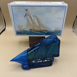 Vintage Avon America Cup Schooner Blue Glass Bottle Oland After Shave FULL - Picture 1 of 4