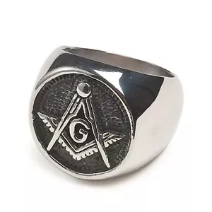 Free Mason Ring - Chiseled Face Freemasonry - Steel Silver Color Masonic Rings - Picture 1 of 3