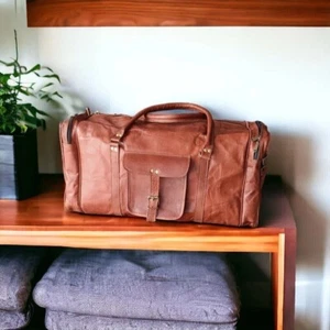 Brown Bag Leather Travel Luggage Gym Genuine Duffel Vintage Weekend - Picture 1 of 9
