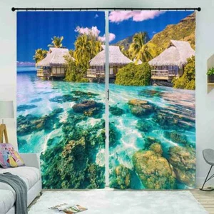Great Blue Beach Resort 3D Blockout Photo Print Curtain Fabric Curtains Window - Bild 1 von 10