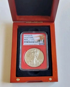 2020 Silver Eagle Coin S$1 NGC MS70 Red -45th President Donald Trump In Wood Box - Picture 1 of 6