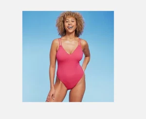 Shade & Shore Women's Tunneled Plunge One Piece Swimsuit Bathing Suit, Pink XL - Picture 1 of 8