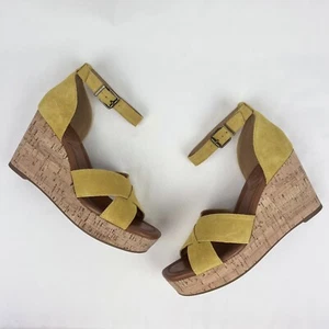 Crown Vintage 8.5M Yellow Suede Leather Cork 3.5 Inch Strappy Wedge Sandals - Picture 1 of 8