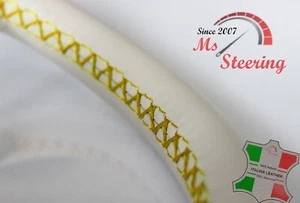 FOR Morris Minor 48-71 CREME LEATHER STEERING WHEEL COVER, YELLOW 2 STIT - Picture 1 of 4