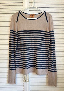 TORY BURCH Striped Linen Boat Neck Long Sleeve Knit Top sz.S - Picture 1 of 3