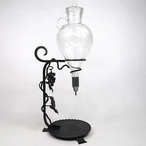 Vintage Wrought Iron Etched Glass Wine Aerator Dispenser Decanter 20" Grape Vine - Picture 1 of 7