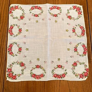 Vintage Hankie Handkerchief Pocket Square Floral Wreath Pattern Pink Red Green - Picture 1 of 5