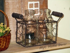 2 Glass Bottles in a Rustic Chicken Wire Basket with Handles 6.5" Long Farmhouse - Picture 1 of 3