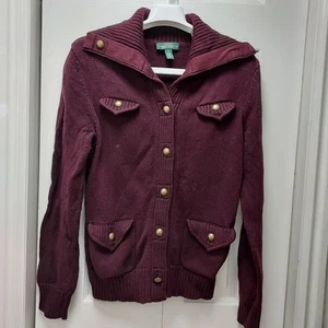 LRL Lauren Jeans Co Mujer Cárdigan Mediano Granate Tejido Suéter 100% Algodón - Imagen 1 de 13