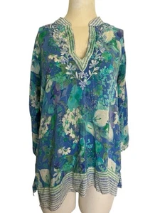 Amaya Multicolor Floral Tunic Top Silk Embroidered 3/4 Sleeves Boho Chic Sz.42/S - Picture 1 of 11