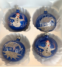 Vintage Poland Blue Ball Glitter SNOWMAN & HOUSE Christmas Tree Ornaments -Lot 4