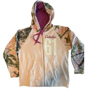 Women's '61' Cabela's Camo Zip Up Hoodie Size XL Pink Body Pink Camo Sleeves - Imagen 1 de 7
