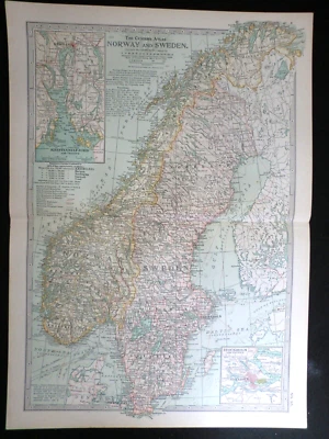 Edwardian Map of Norway & Sweden, Stockholm (1902) ex Century Atlas of the World - Image 1 of 3