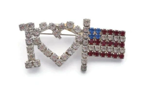 VINTAGE RHINESTONE " I HEART " AMERICAN FLAG BROOCH - Picture 1 of 4