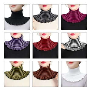 Women Winter Ribbed Knit Fake Collar Striped Turtleneck Dickey Neck Warmer Scarf - Picture 1 of 21