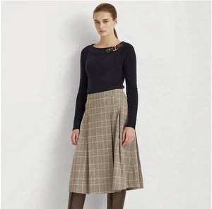 Vintage Lauren Ralph Lauren Plaid Equestrian Wool Blend Old Money Pleat Skirt 12 - Picture 1 of 11