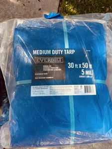 New 30’ x 50’ Everbilt Medium Duty 5 ml Tarp Blue 1500 Sq Ft Mildew Resistant - Picture 1 of 5
