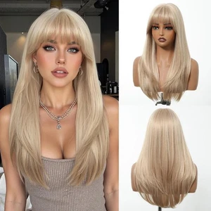 Long Blonde Synthetic Wigs for Women Straight Layered Natural Hair Wigs - Picture 1 of 10