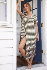 Anthropologie Embroidered Sleep Shirt Dress Striped Buttondown SP S Petite NWT - Picture 1 of 10
