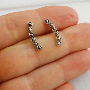 Marcasite Ear Climber Earrings - 925 Sterling Silver - Posts Curved Gift NEW - Picture 1 of 5