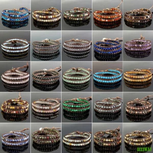 Handmade Wrap Adjustable 2 Layers Leather Bracelet Natural Gemstone 4mm Beads - Picture 1 of 81