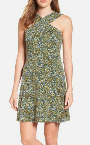 Abito Michael Kors Quinn floreale scollo incrociato taglia small giallo taxi elasticizzato