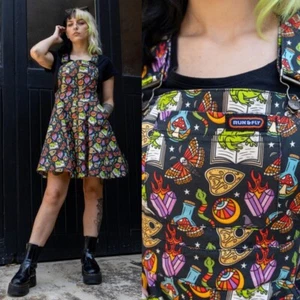 RUN AND FLY Bewitched Print Flared Pinafore Dress 8-26 Dungaree Witchy Alt Goth - Picture 1 of 10