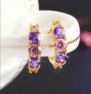 2.56Ct Round Simulated Amethyst Huggie Hoop Earrings 14K Yellow Gold Finish