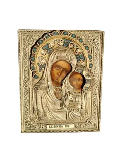 Russian Orthodox Handpainted Silver Plated Enamel Icon Our Lady of Kazan - Picture 1 of 8