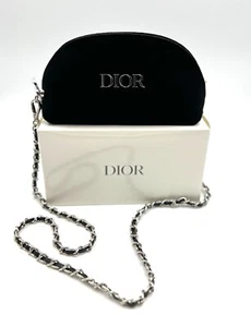 New! Christian Dior  Cosmetic Zipper Bag  Pouch Clutch  with Chain~ Black Velvet - Picture 1 of 8