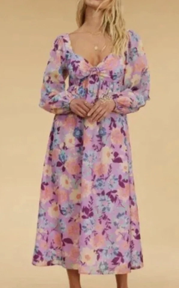 BILLABONG Dress L SALTY BLONDE Paradise Love Floral Smocked Balloon Sleeve Pink - Image 1 of 4