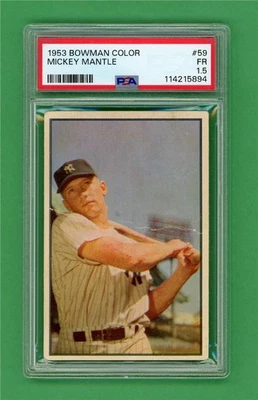 Tarjeta de béisbol 1953 Bowman Color #59 Mickey Mantle * PSA FR 1,5 *New York Yankees Foto 1 de 2