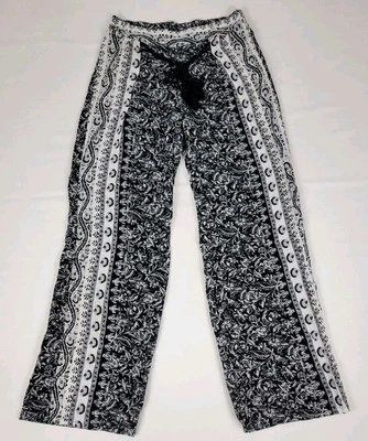 Pantalón Bebop Para Mujer Blanco Negro Pierna Ancha Cintura Elástica Flor Estilo Hippie Talla S Foto 1 de 4
