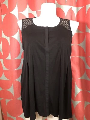 ELLE Black Tank Top Lace Sleeveless XL Button V Neck Pleated Long Flowy - Image 1 of 4