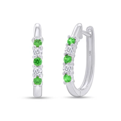 Hoop Earrings Lab Created Emerald & Natural Diamond in 14K Solid Gold - Image 1 of 4