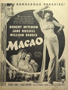 "Macao" Película Robert Mitchum Jane Russell RKO Radio Vintage Anuncio Impreso 1952 - Imagen 1 de 2